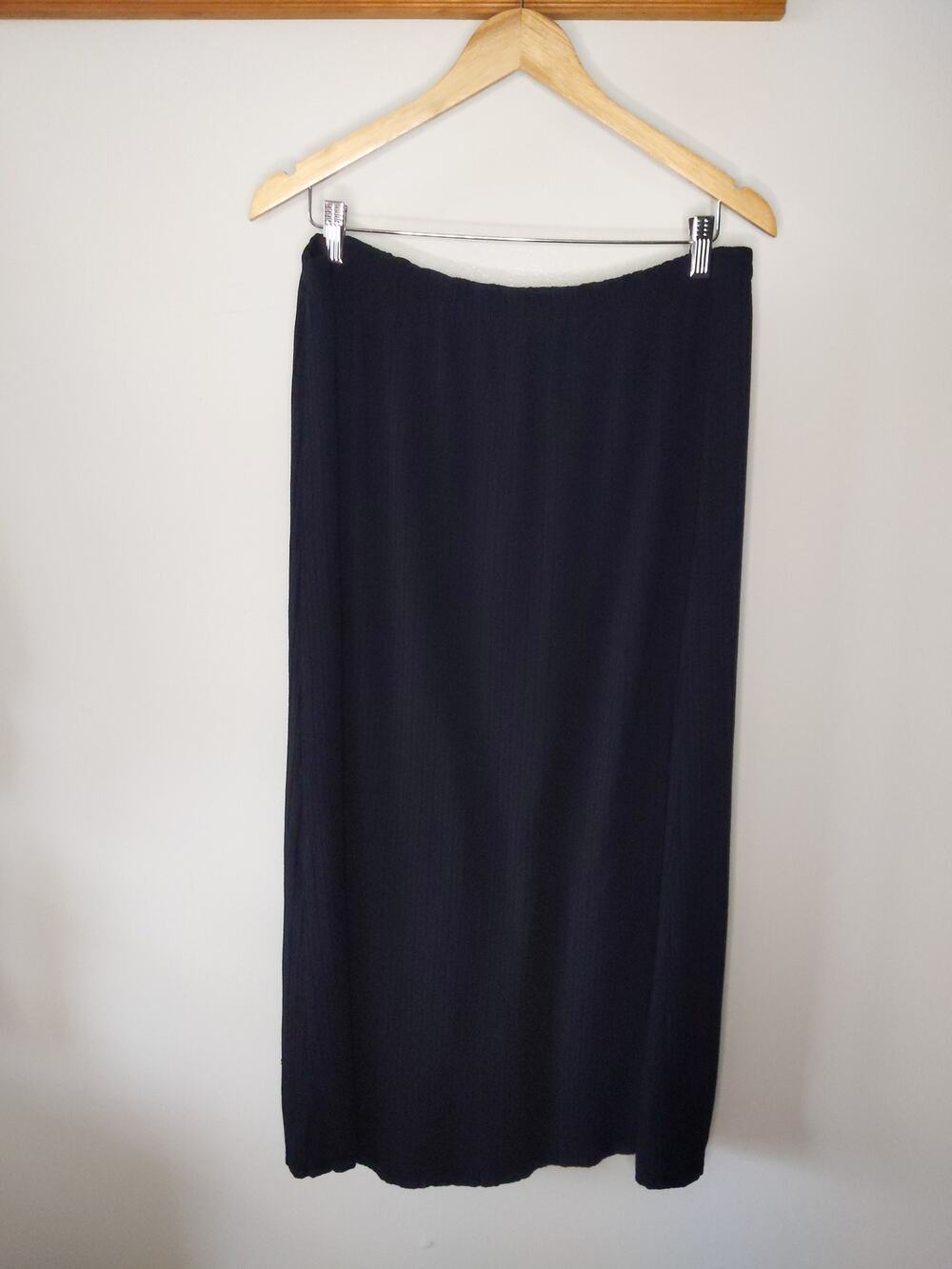 Eileen Fisher Large Black Crinkle Rayon Maxi Skirt Elastic Waist USA Made